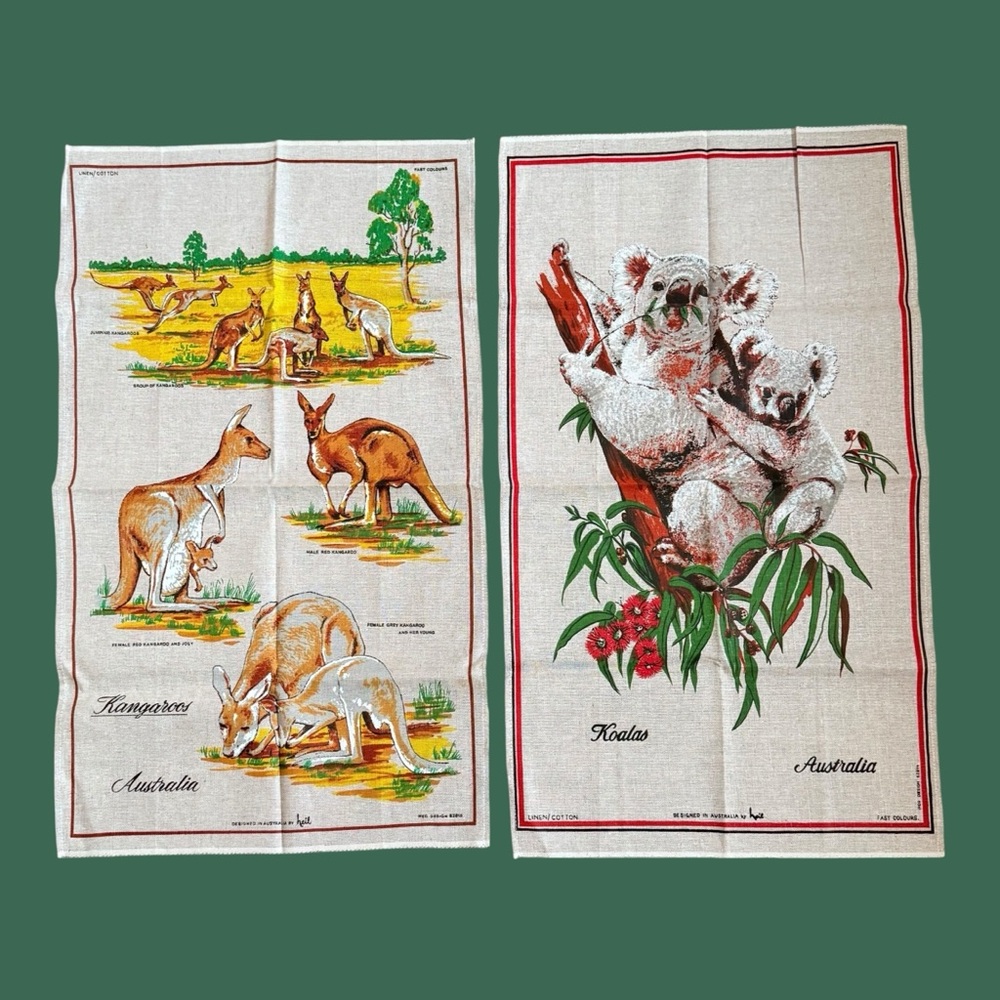 Set of 2 Vintage Australian Fabric Wall Hangings Tea Towels 32” Koalas Kangaroos